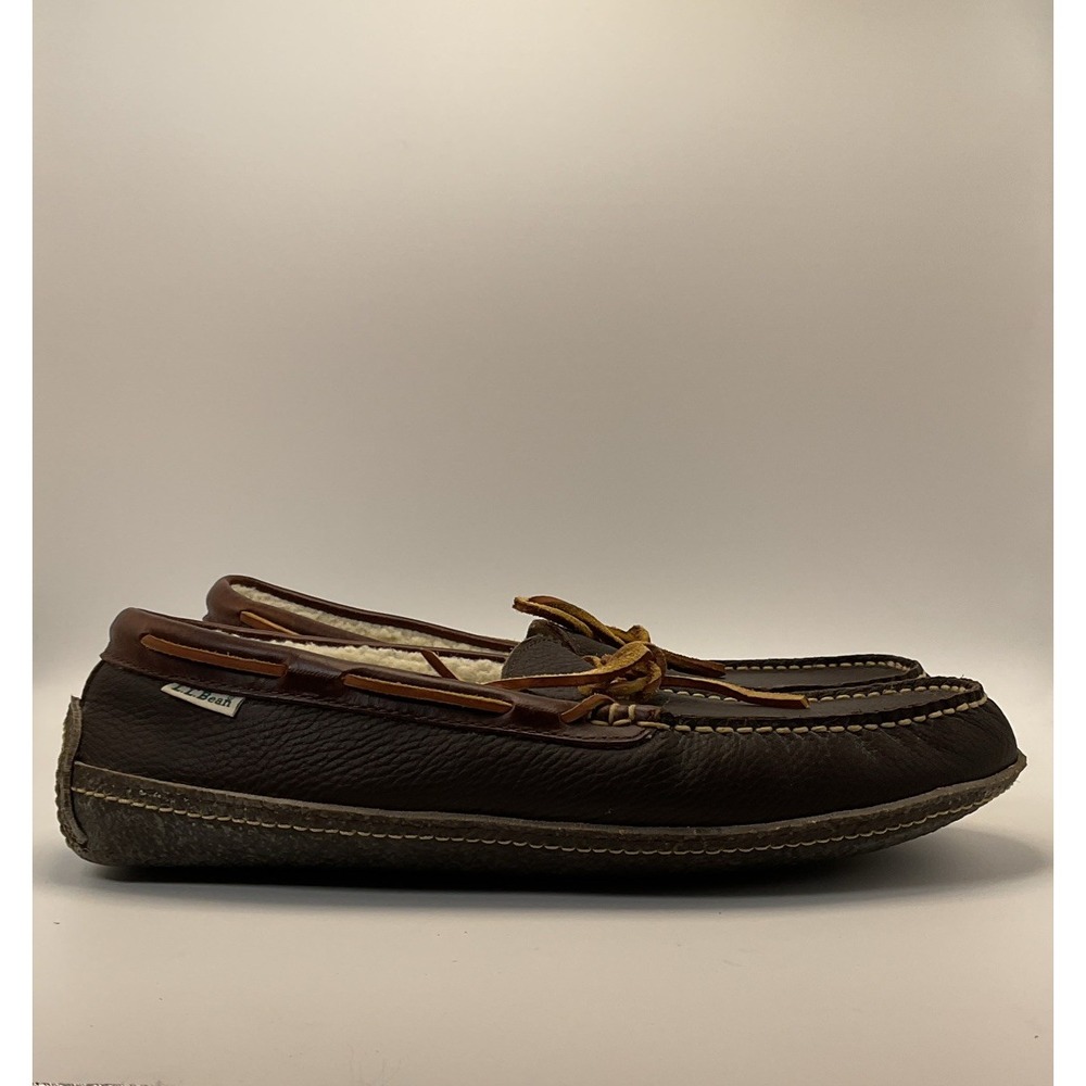 L.L. Bean Men's Medium 10 Leather Moccasin Slippers Brown Loafers Slip On